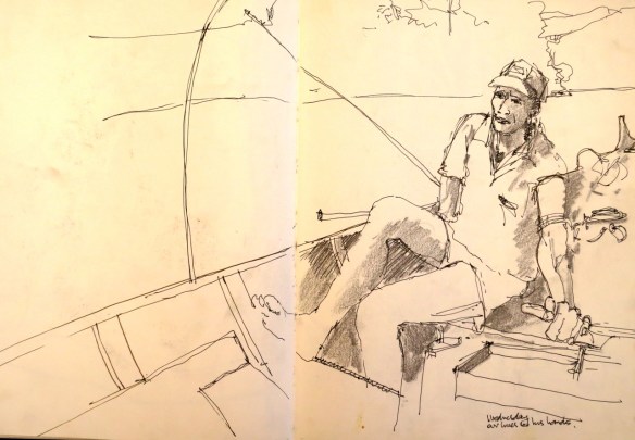 This drawing was finished 20 minutes before we hit the rock. I had written 'our lives in his hands' just after I finished drawing his hand on the tiller.